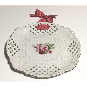 Formalities Baum Brothers Lattice Oval Decorative Platter Pink Roses Vintage
